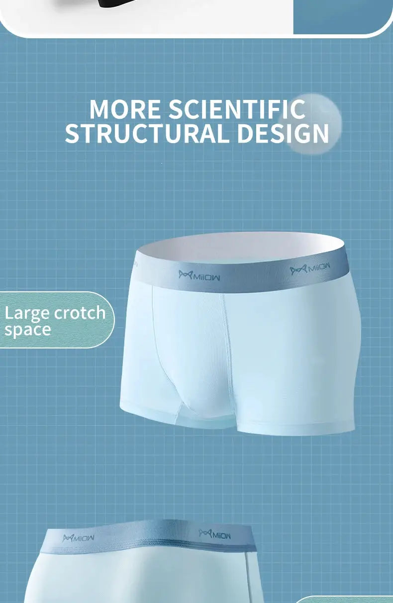 Simples Market MiiOW ice silk boxer shorts, graphene antibacterial, seamless breathable 4-pack, blue.