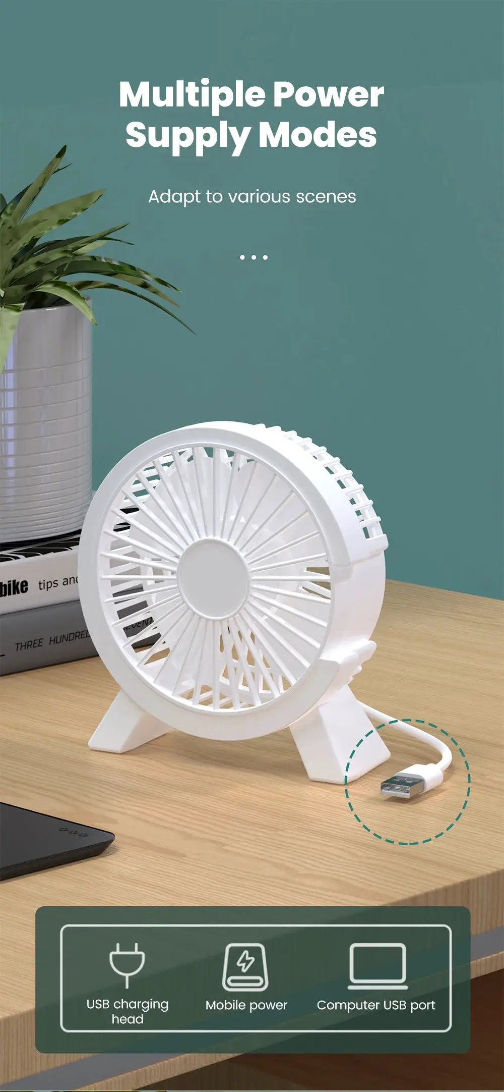 Mini USB rechargeable table fan, white, portable desk fan with circular guard and USB cable