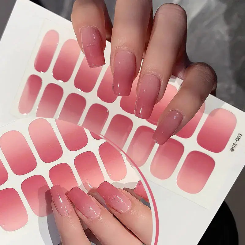 Two sheets of pink gradient full-cover nail stickers; self-adhesive press-on decals for 14/16-tip nails.