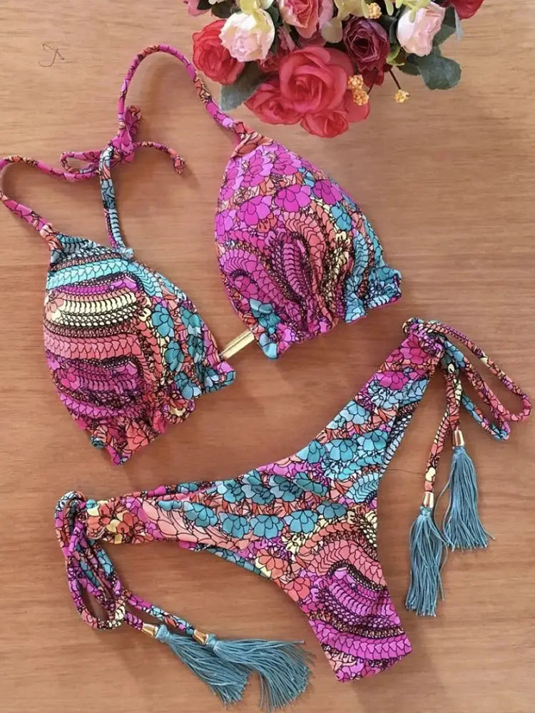 Ruotongsept Floral Print Push Up String Bikini Set Women Beach Swimwear Bikinis Bathing Suit