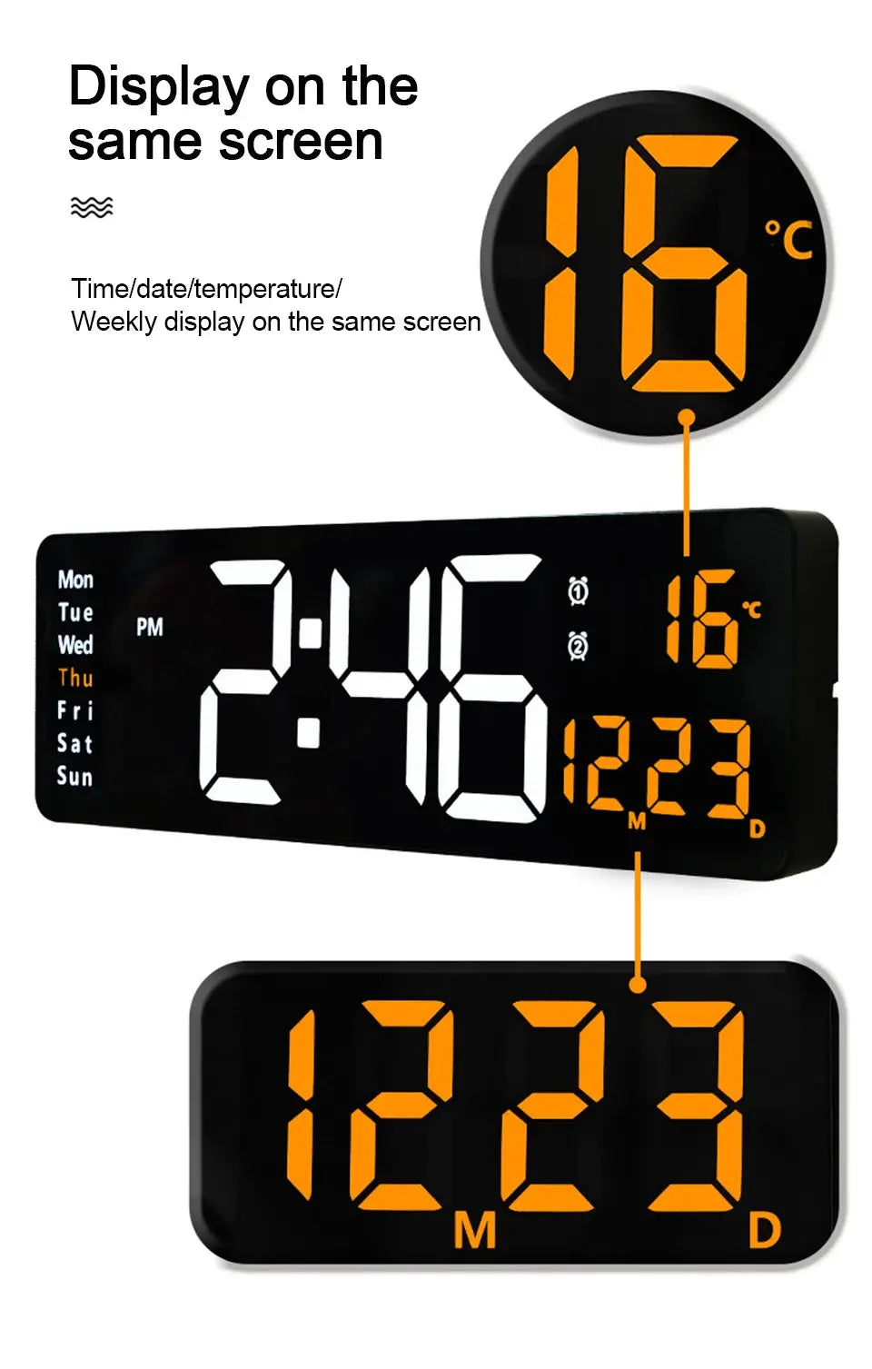 Large digital wall clock by Simples Market with remote, temp/date/week display and dual alarms; black LED digits