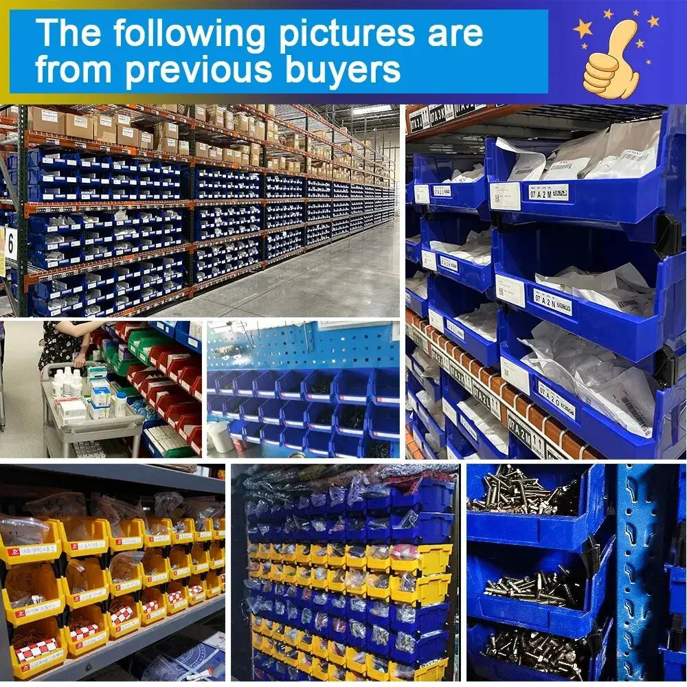 LEADLOONG parts bin storage system in a warehouse with blue, yellow and orange plastic bins on metal shelving.