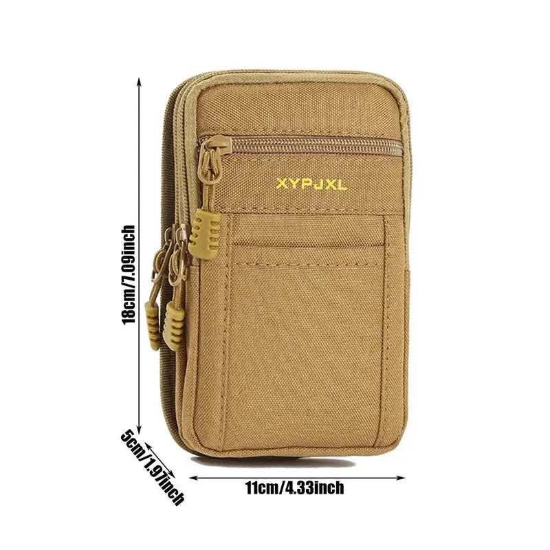 Men’s tan nylon waist pack bum bag with multiple pockets and yellow XYPJXL logo