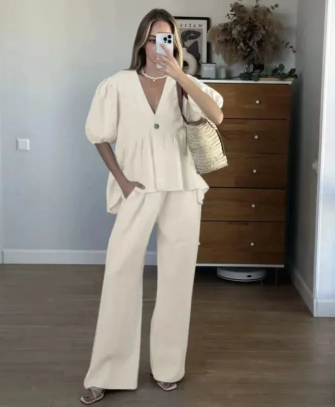 Women Two Piece Set Solid Color V Neck Short Sleeve Top And Long Pants
