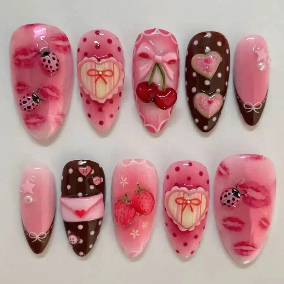 Spicy Girl Flower Print Press On Nails 24Pcs Wine Red Blush Almond Wearable Reusable False Nail Tips For Summer