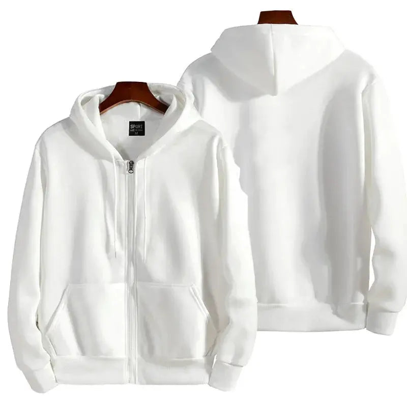 White zip hoodie, unisex long-sleeve hooded sweatshirt with front pockets.