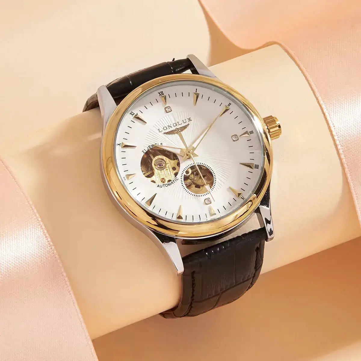 Automatic skeleton watch by Simples Market; white dial, gold bezel, black leather strap