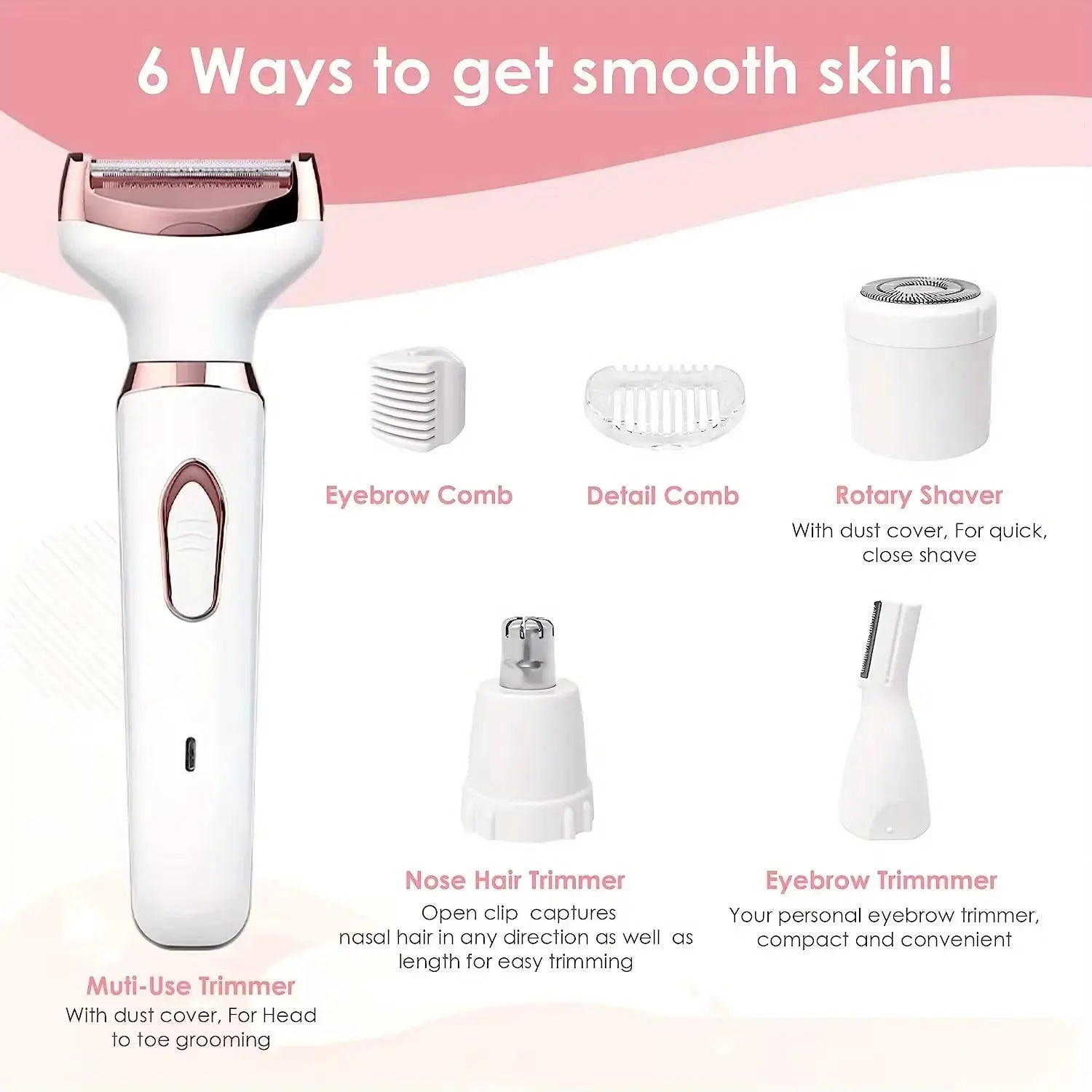 HOMEFISH 4-in-1 pink-accented cordless electric lady shaver with attachments by Simples Market