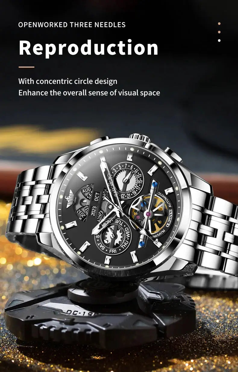 OUPINKE 3251 men's skeleton automatic watch with stainless steel bracelet and black dial, waterproof