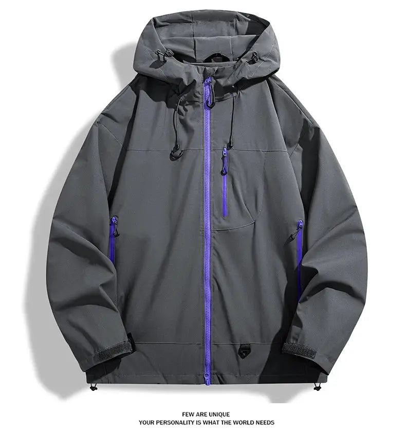 LNGXO waterproof hiking jacket, gray hooded windbreaker with purple zippers, unisex outdoor rain coat by Simples Market
