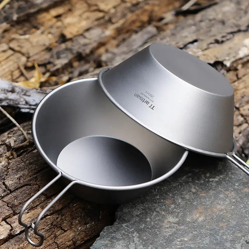 Tiartisan 260ml titanium Sierra camping bowl with fixed handle; ultralight outdoor food container in silver
