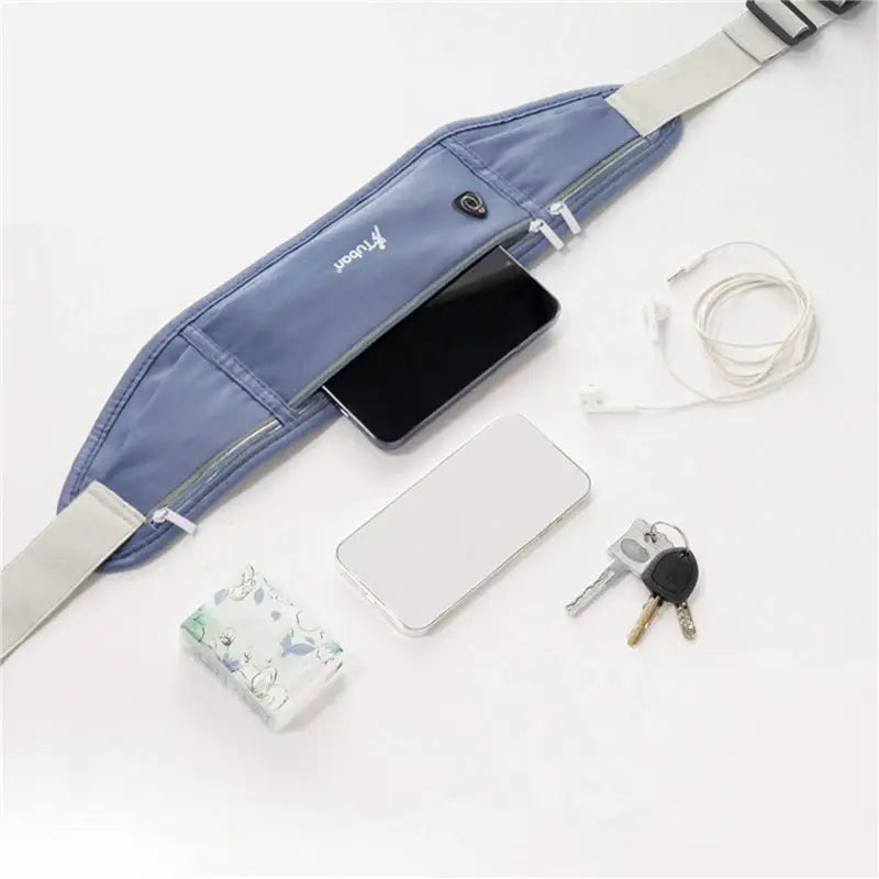 Simples Market blue waterproof waist pack for running, unisex, with phone pocket, keys and charging cables