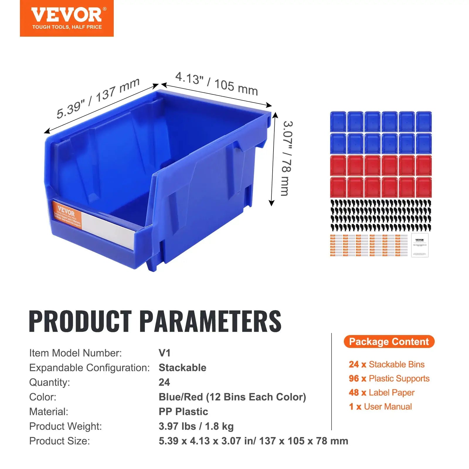 SucceBuy Storage Bin 24-pack stackable organizer with blue main bin and 24 blue/red mini bins; VEVOR logo visible.