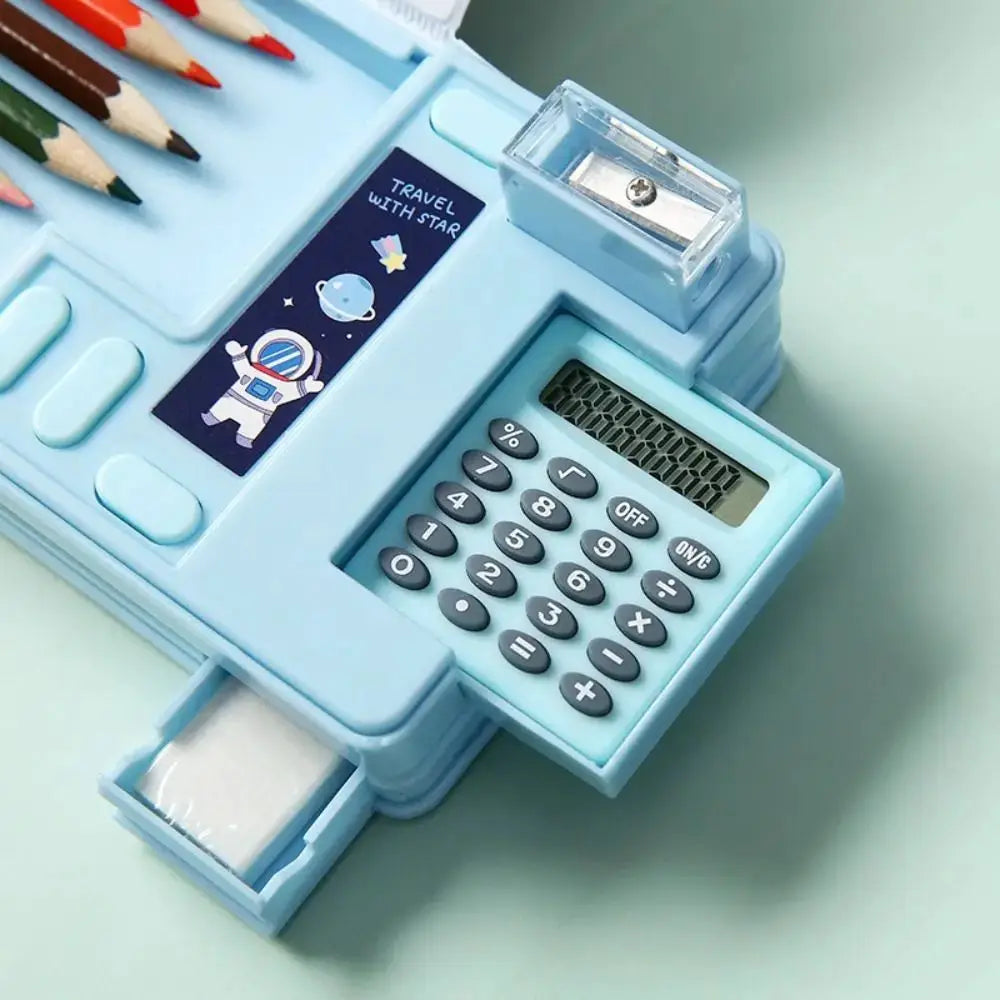 Light-blue plastic pencil case with built-in calculator and pencil sharpener; double-sided design.