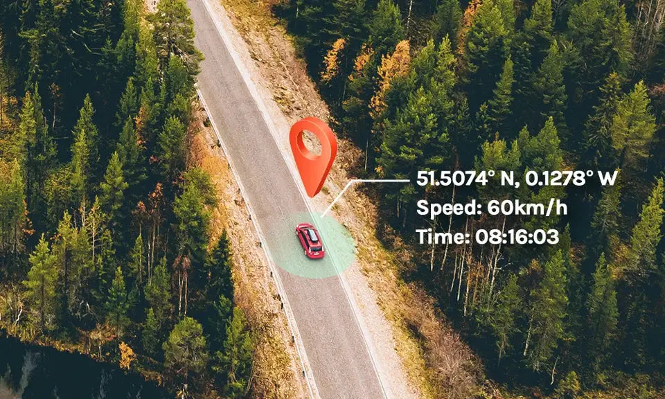 70mai Dash Cam A510 with GPS overlay, aerial road view showing a car, coordinates, speed and time