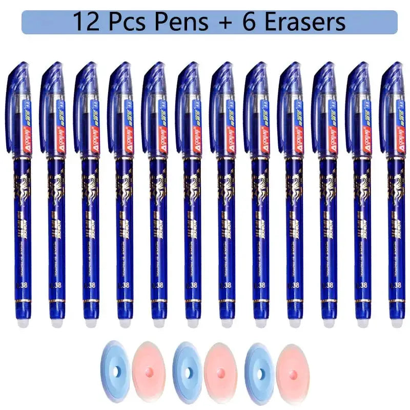 Kawaii erasable gel pen set: 12 blue pens and 6 pastel silicone erasers