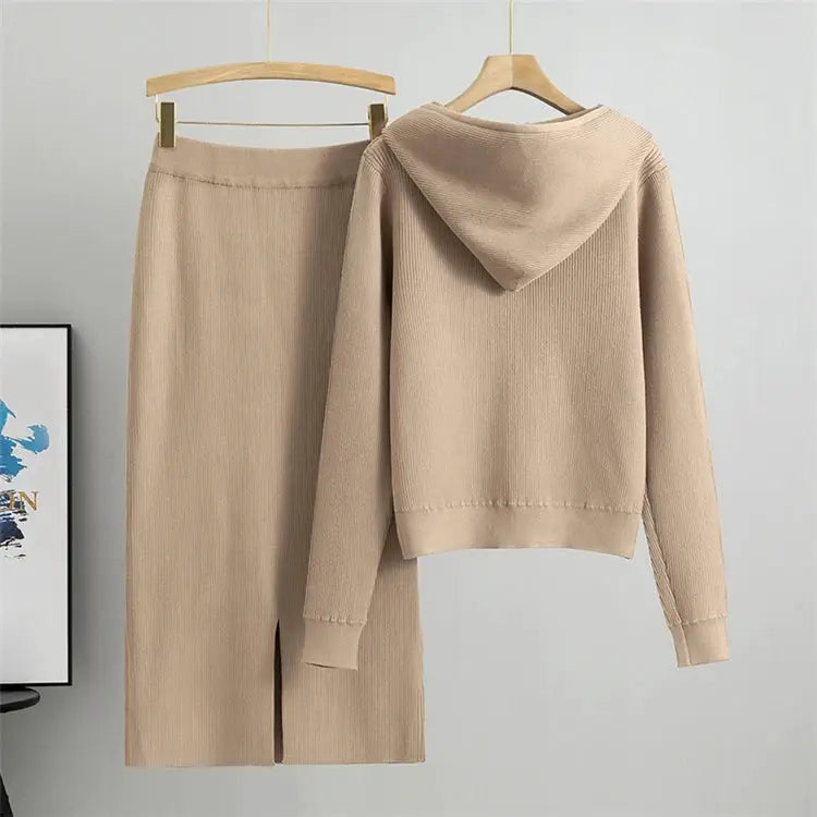 Two Piece Knit Cardigan And High Waisted Skirt Set With Diamond