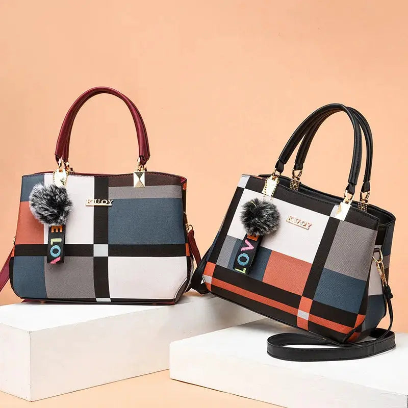 Designer handbags by Simples Market, PU leather multicolor patchwork totes with pompom charm, set of 2.