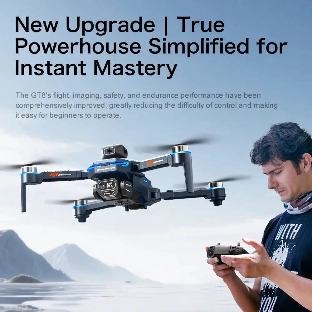 Simples Market GT8 folding quadcopter drone in flight with blue accents and handheld remote