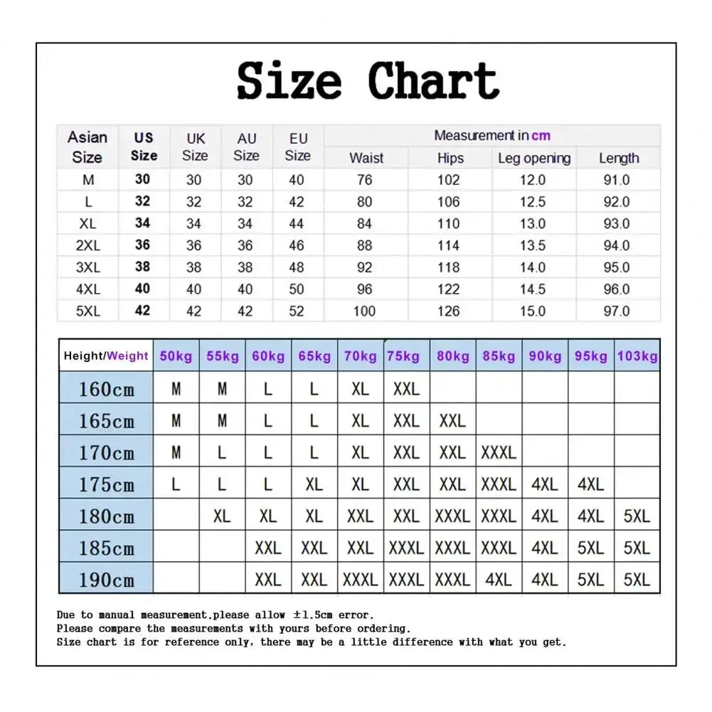Simples Market 2025 men work pants size chart with Asian/US/UK sizes and height-weight grid.