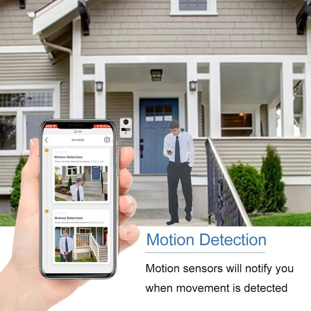 Tuya Smart 1080P Doorbell Camera by Simples Market with WiFi and IR, shown on a smartphone receiving motion-detection alerts.