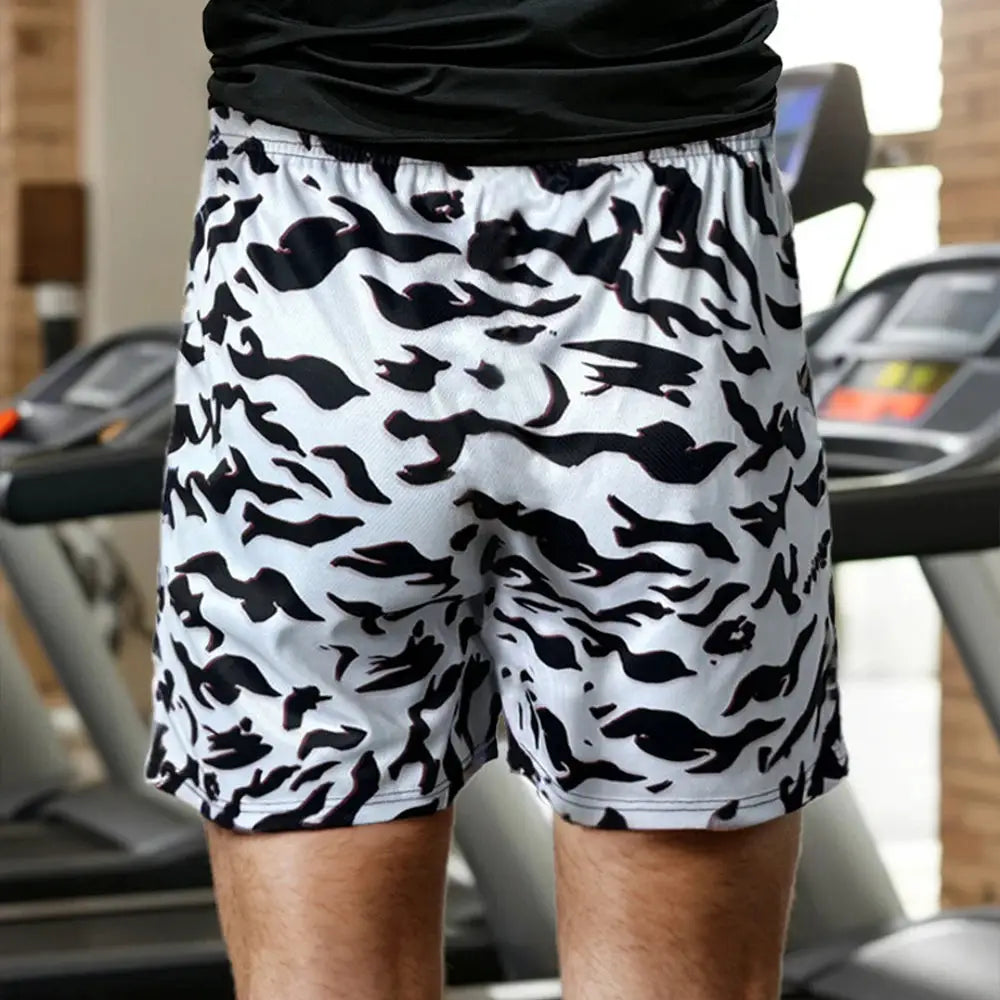 Anime running shorts for men with white base and black camo print, quick-dry gym shorts