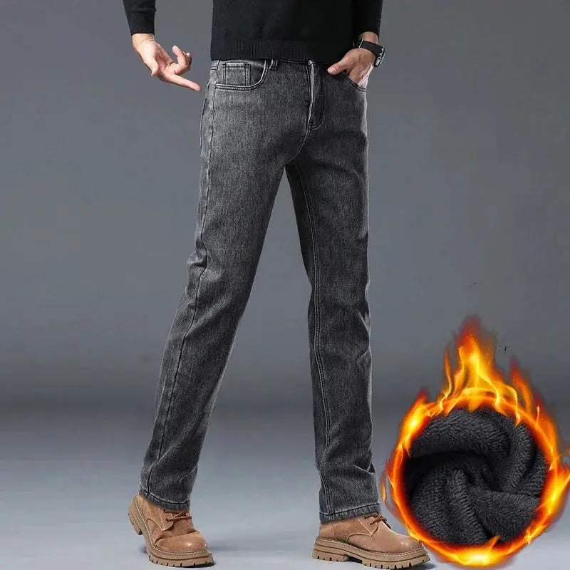 Men's fleece-lined gray denim jeans, slim straight fit for winter