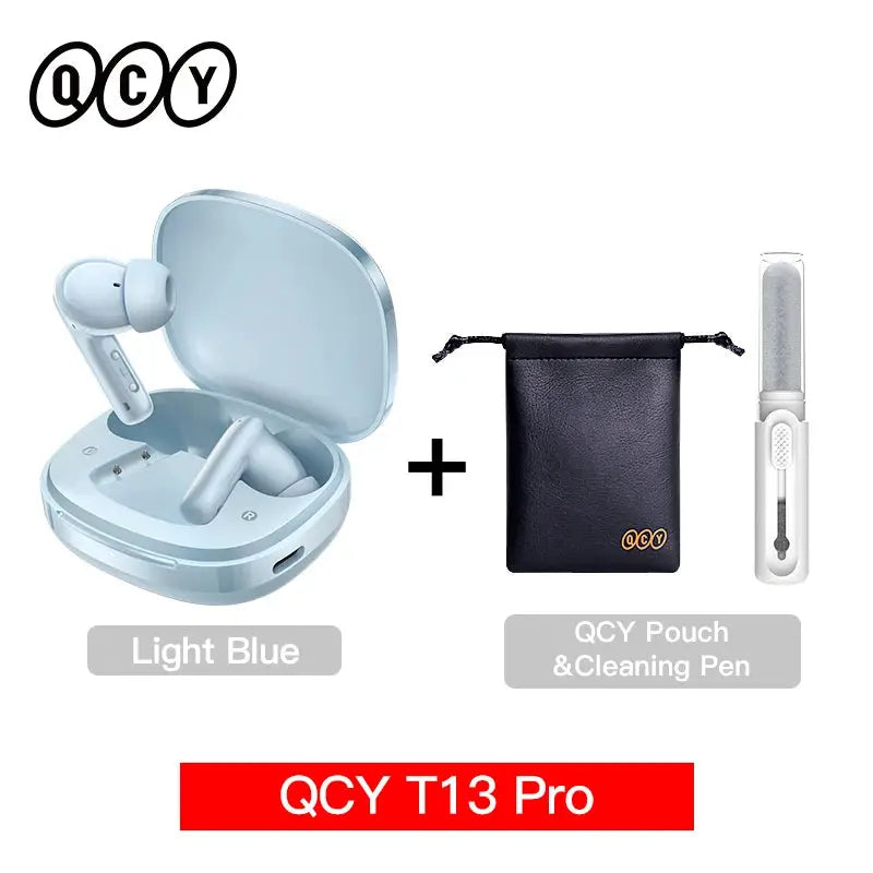 QCY T13 Pro wireless earbuds in light blue with charging case, plus QCY pouch and cleaning pen.