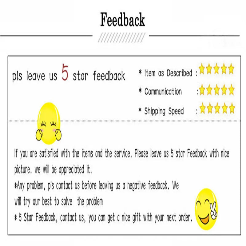 Feedback form image showing yellow smiley emojis, five-star rating area, and instruction text