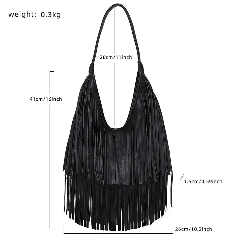 Simples Market black PU leather fringe tote bag with long tassels, shoulder hobo style