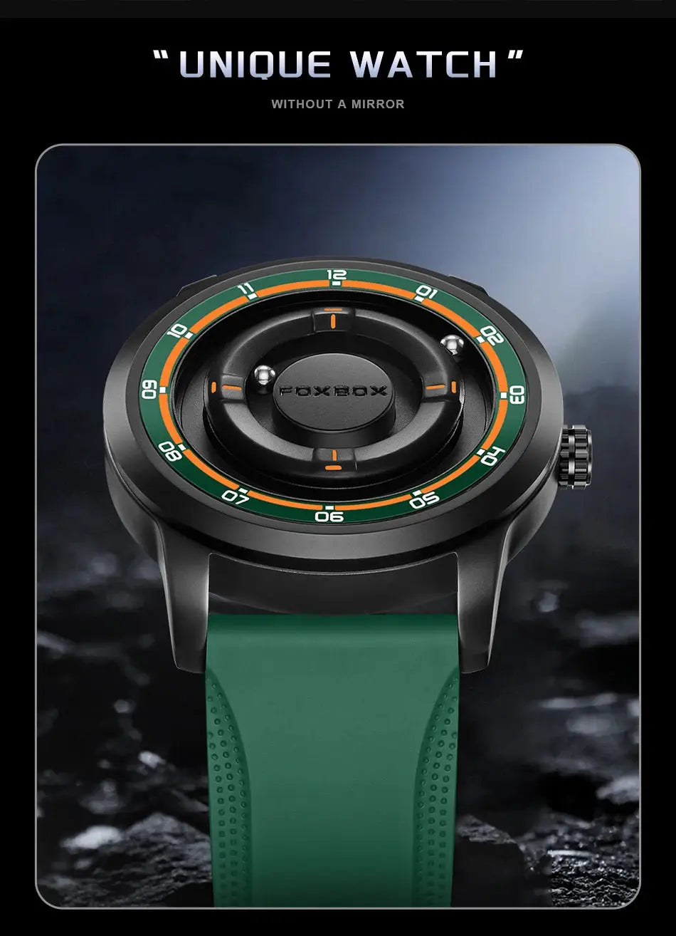 FOXBOX men's silicone watch with green strap, black dial, orange-green bezel for outdoor waterproof use.