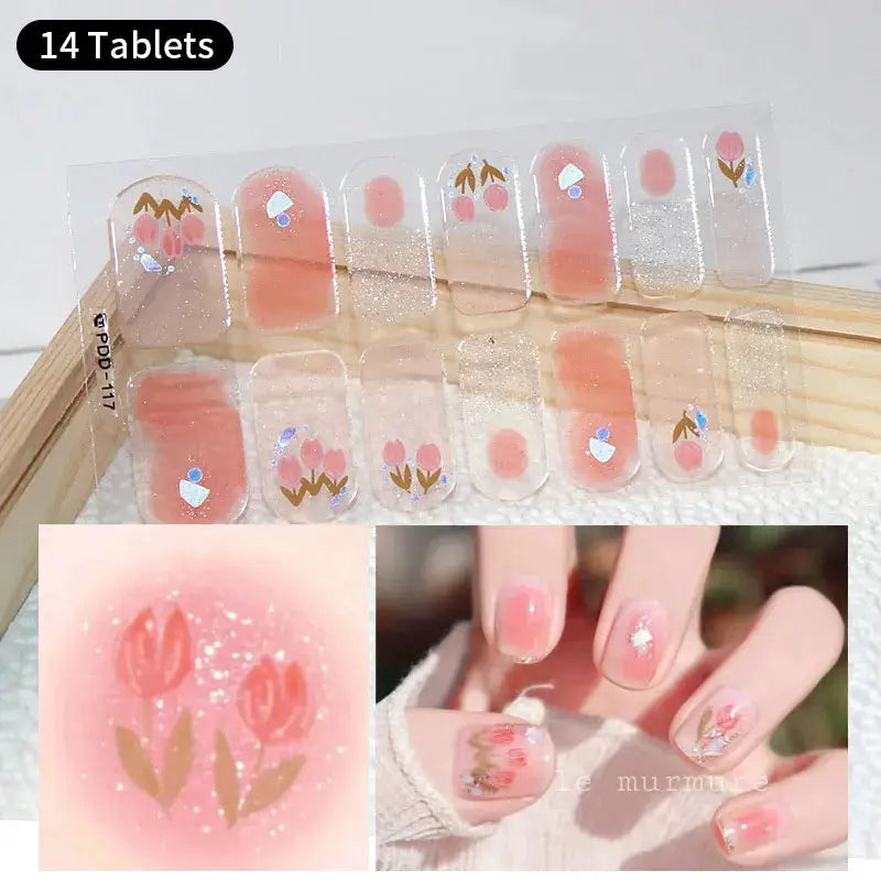 Full-cover nail stickers by Simples Market; 14-piece sheet with pink floral glitter designs on clear base