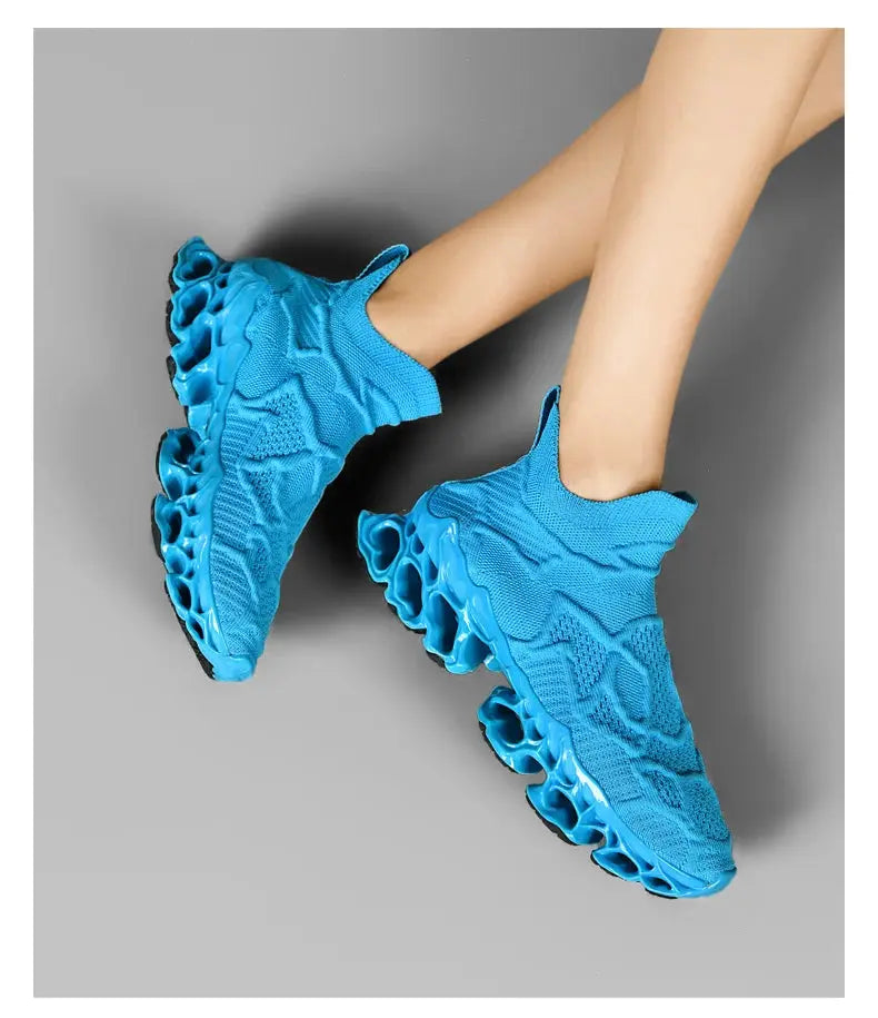 Shoes: blue sneakers with bubble sole, breathable casual trainer pair