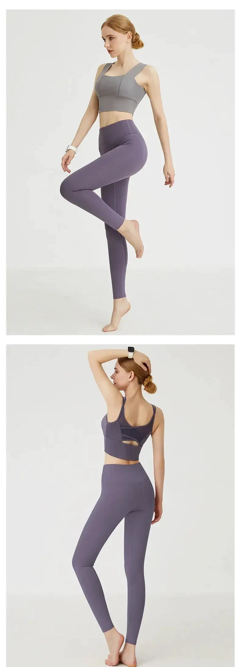 UPF50+ Women Yoga Leggings by Simples Market; purple high-waist gym pants with hip-lifting fit, front and back views