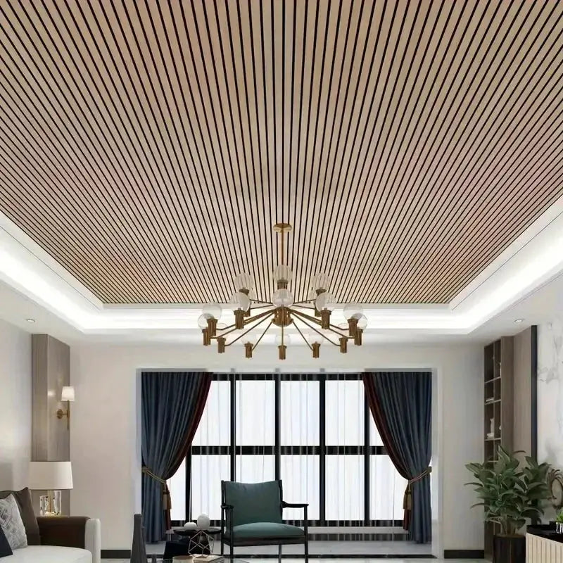 3D retro wood grain self-adhesive wallpaper on ceiling; warm brown slat texture in living room