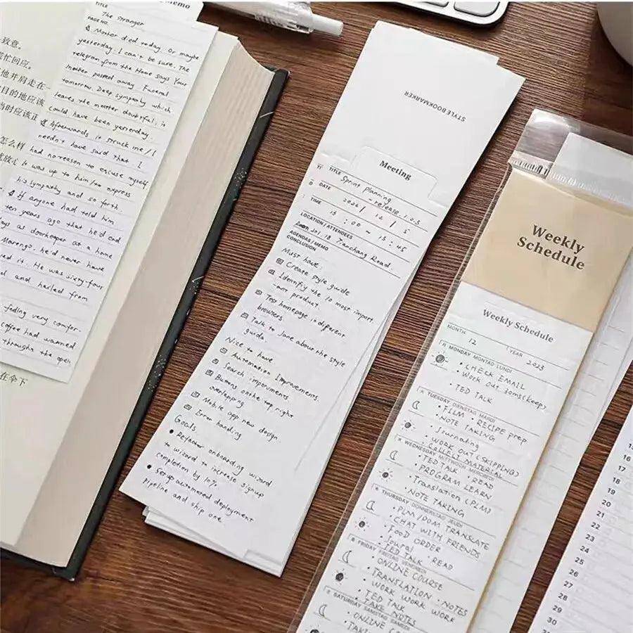 MINKYS bookmark-style memo pads, 24 sheets each, planner and to-do list; three white bookmark pads on a wood desk.