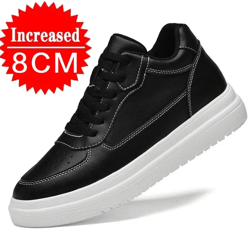 Black leather men's elevator sneakers with white sole and contrast stitching, 8 cm height increase
