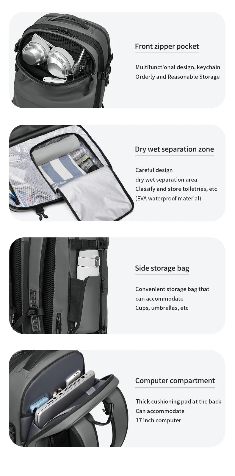 Simples Market Men’s travel backpack with 17-inch laptop compartment and vacuum compression design, gray/black.