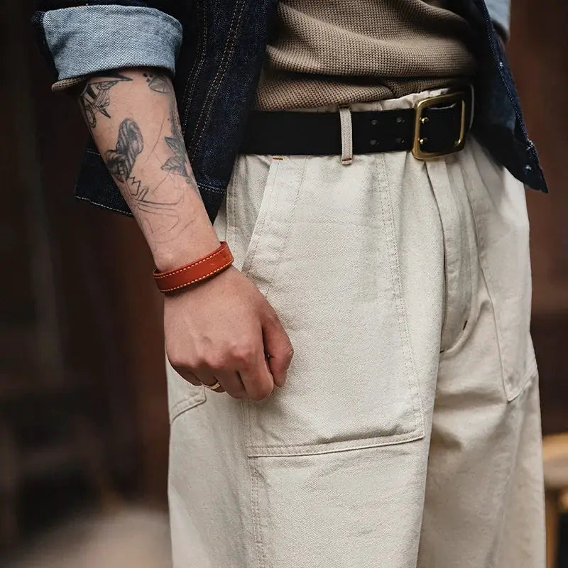 Maden Vintage cargo jeans for men; loose straight-fit beige cotton pants with large pockets