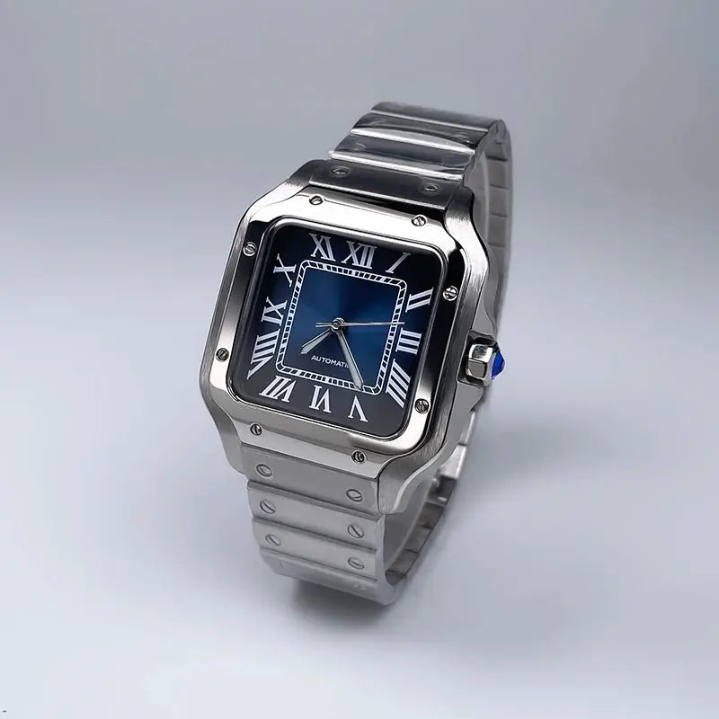 Simples Market 38mm square stainless steel automatic watch with blue dial and white Roman numerals, no date
