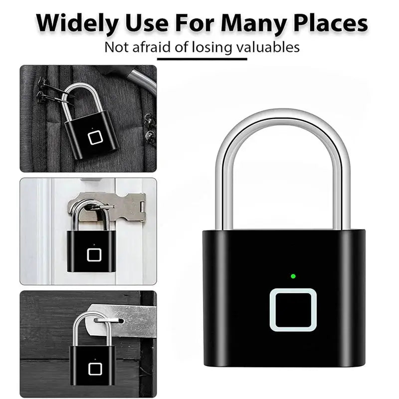 Keyless smart fingerprint padlock USB charging; black waterproof lock with green indicator