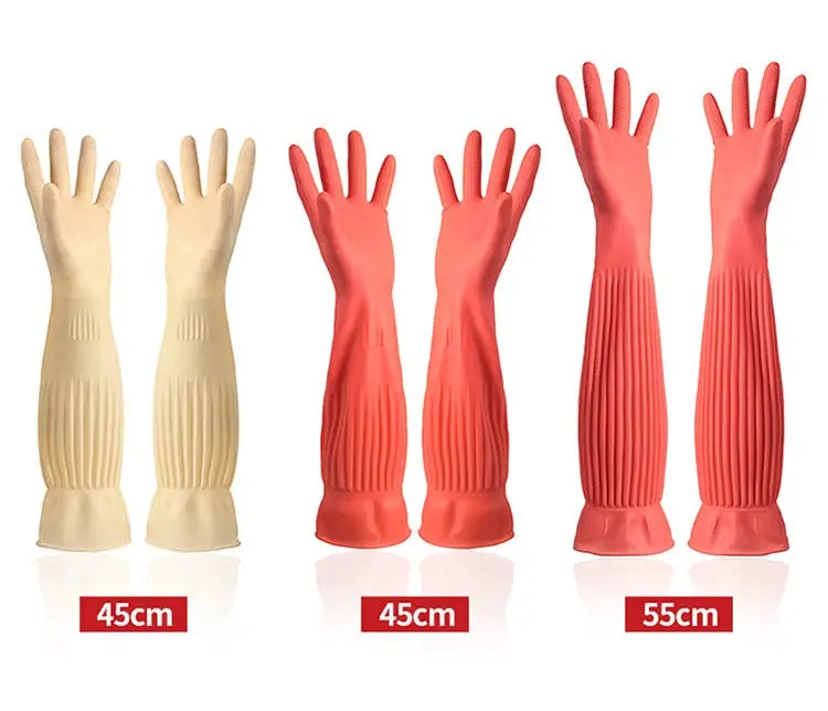 Three pairs of Simples Market silicone dishwashing gloves in beige and red (45cm, 55cm) for kitchen cleaning