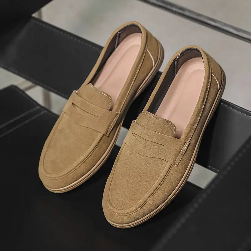 Men's slip-on loafers, tan suede with beige lining; lightweight casual walking shoes by Simples Market (1 pair)