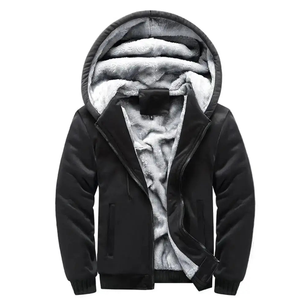 Men's black fleece-lined winter jacket with hood and zip-front design
