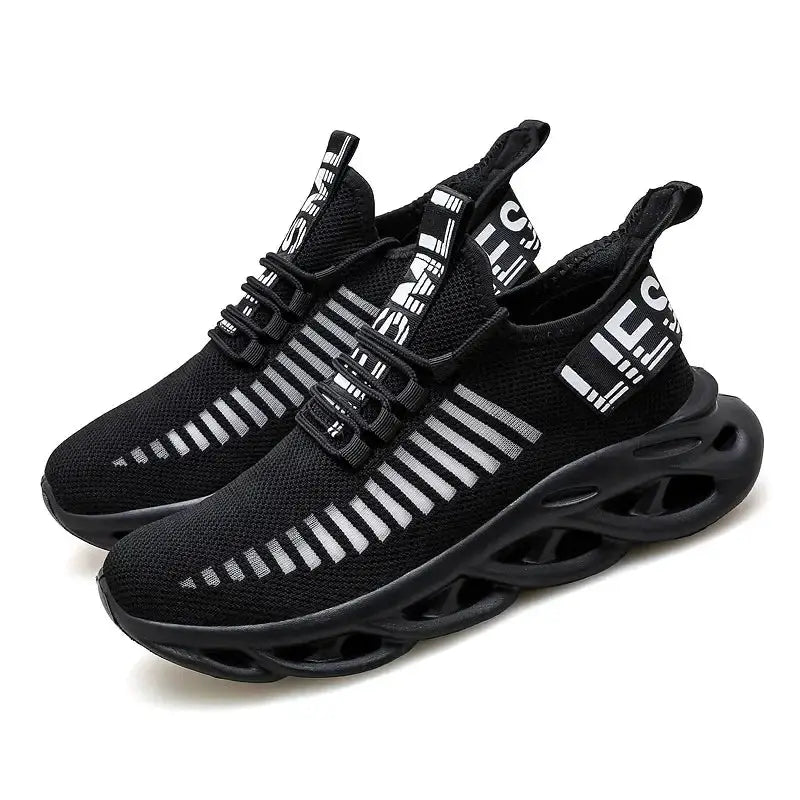 Pair of MAEDEF men's black mesh sneakers with breathable upper and hollow platform sole.