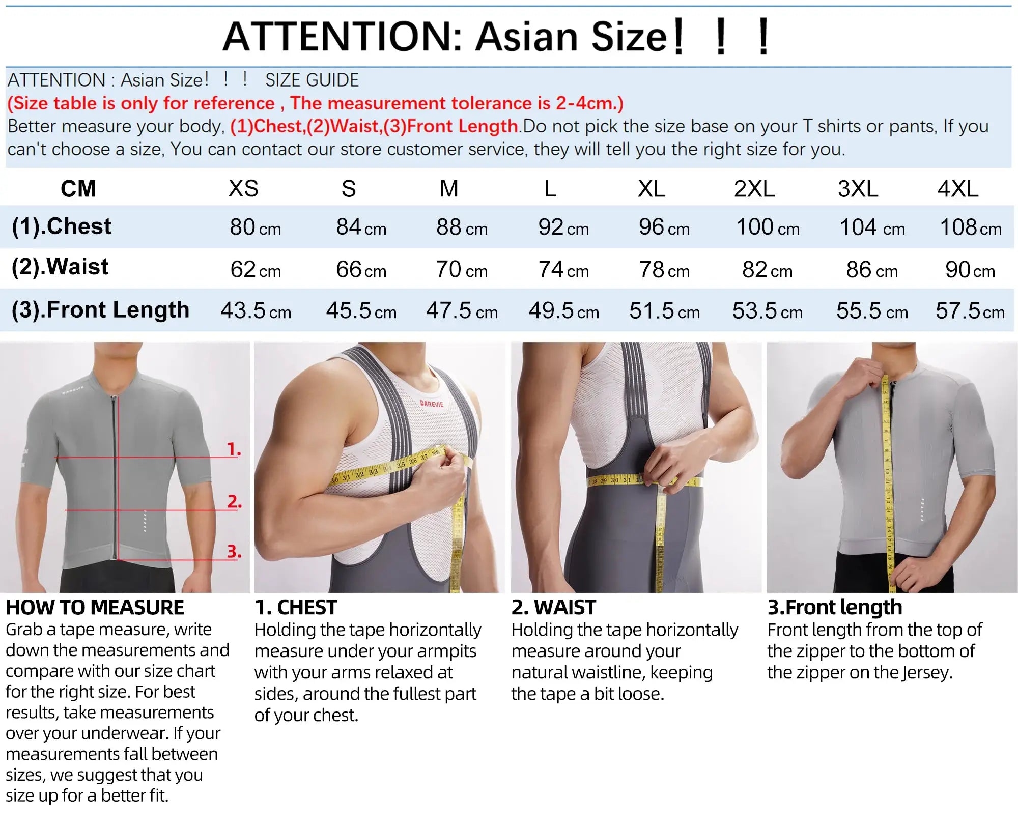 DAREVIE cycling jersey, breathable quick-dry fabric, gray and white panels, unisex, size chart shown