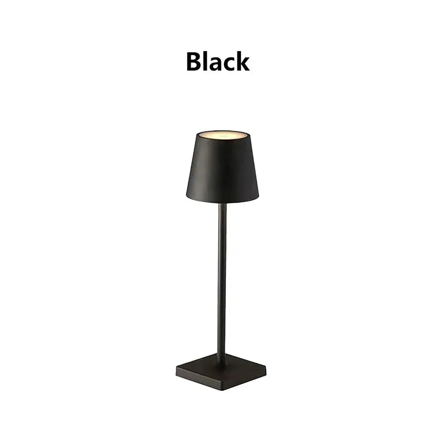 LED desk lamp, black, with square base and slim stem; modern table lighting.