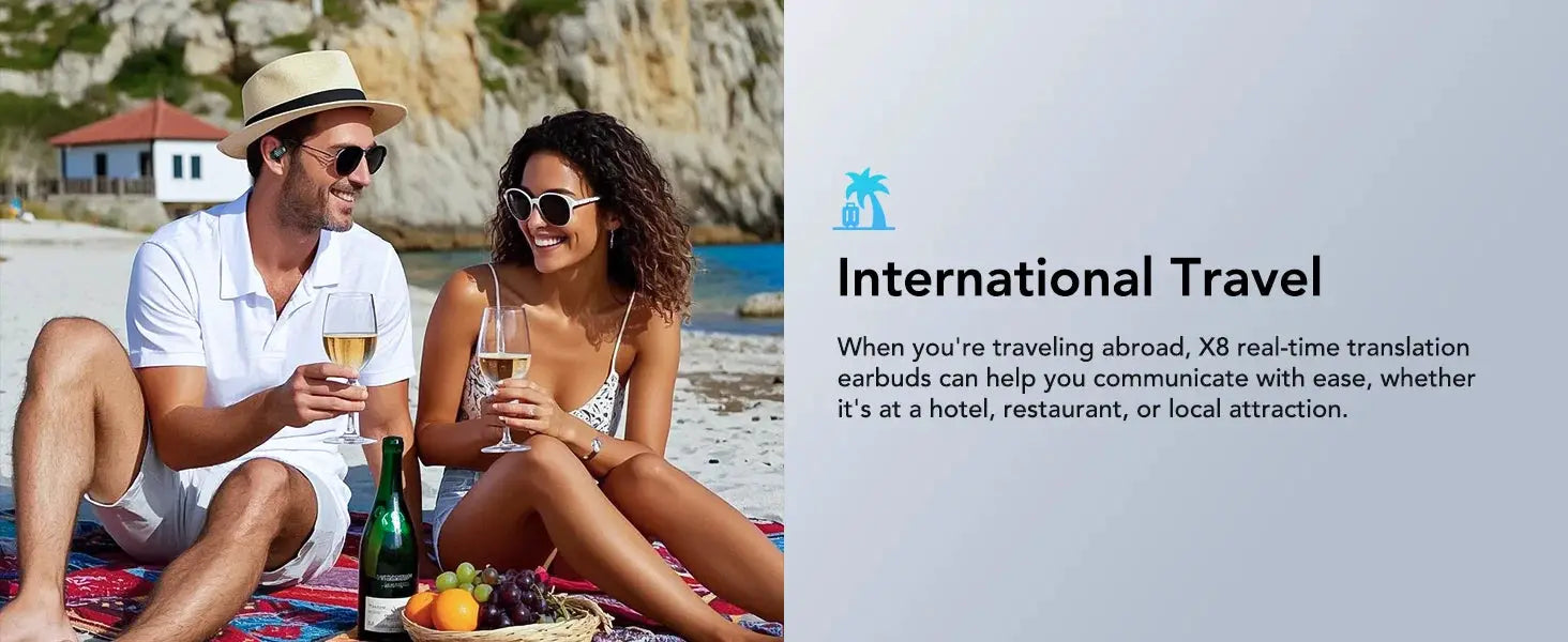 ERAZER X8 AI Translator Earbuds wireless by Simples Market on a sunny beach with a couple enjoying wine