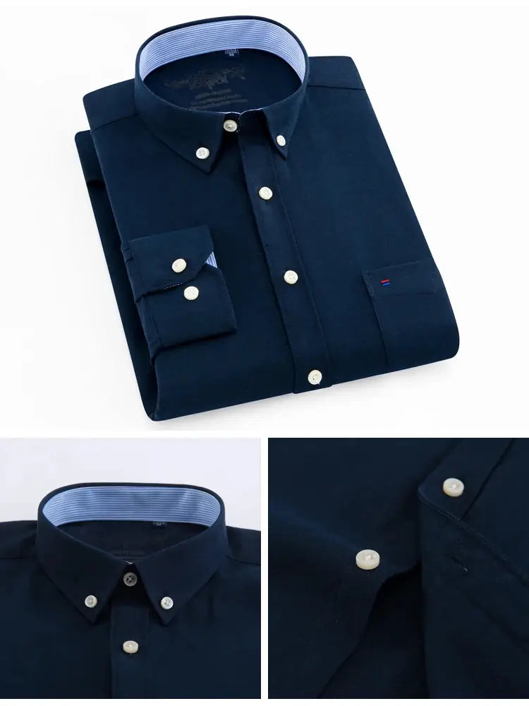 Men's navy oxford long-sleeve shirt with white buttons, button-down collar and single patch pocket