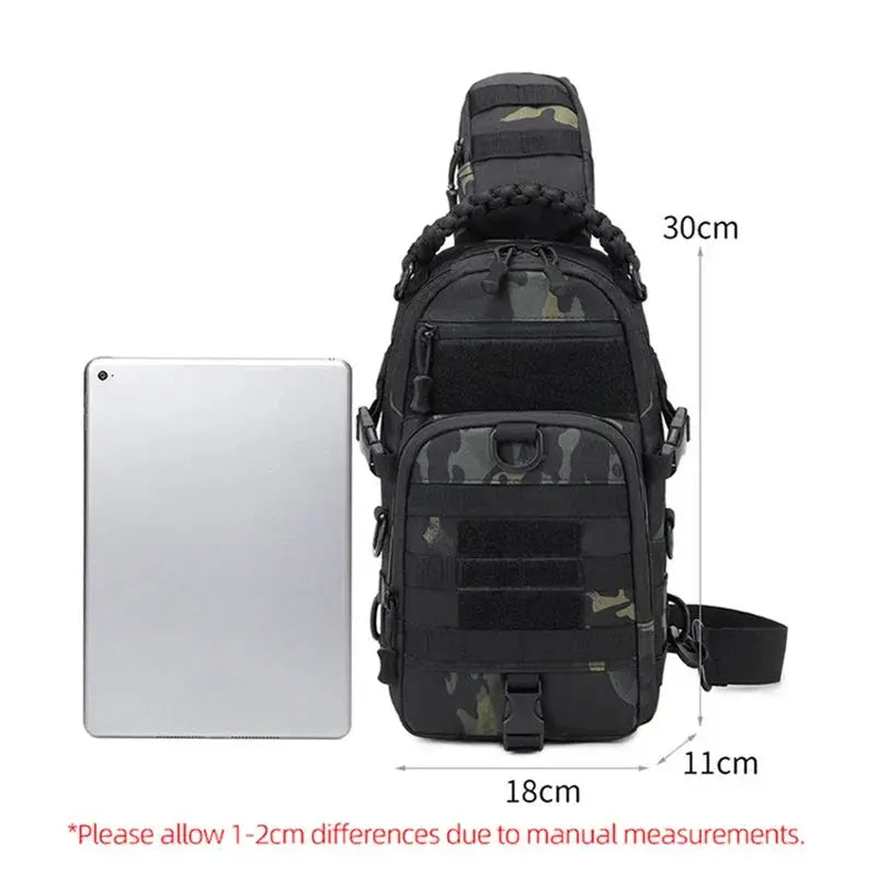 Simples Market tactical chest bag with MOLLE system in camo, compact outdoor sling bag for camping and hiking